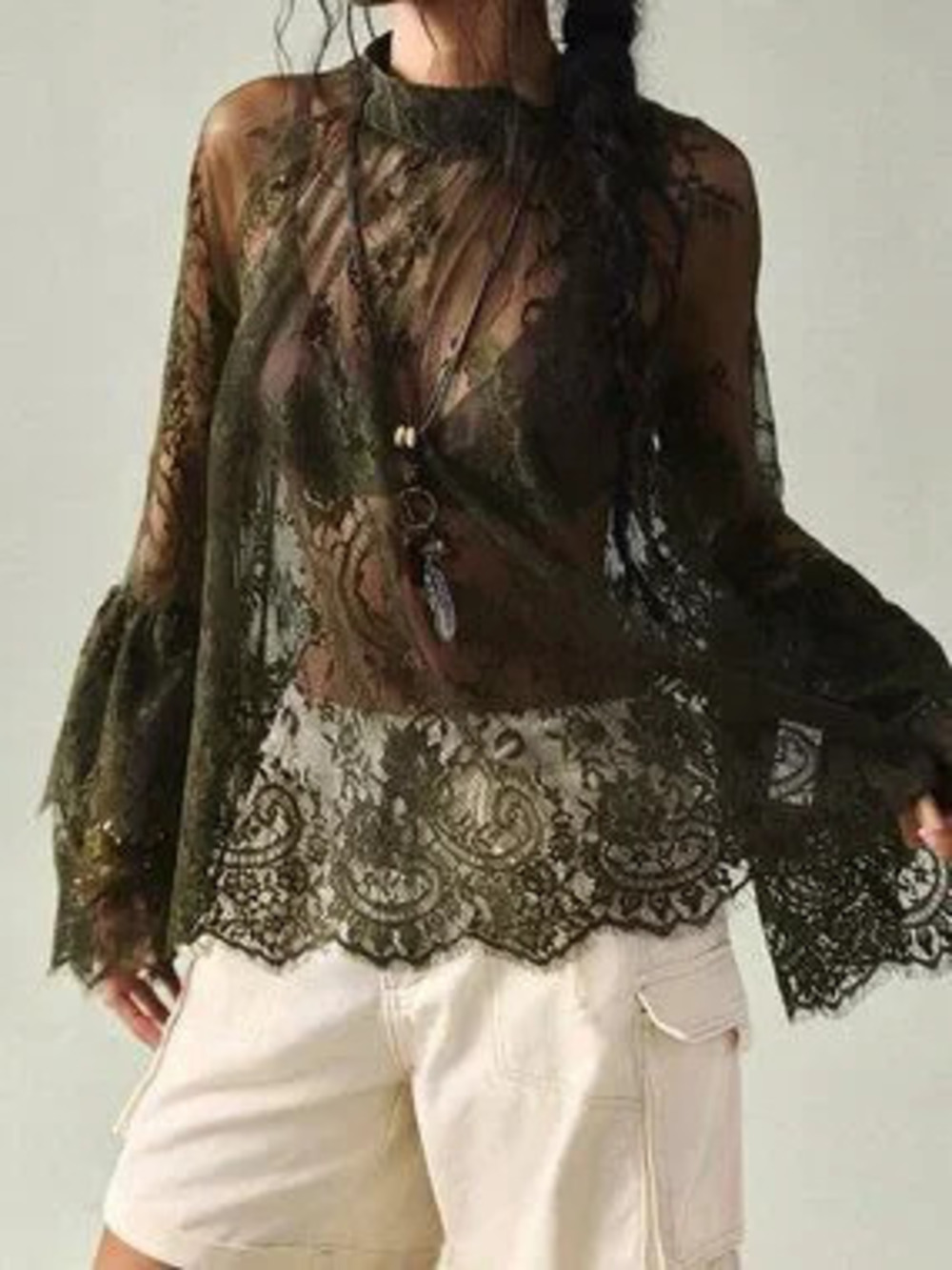 Army Green Boho Women's Mandarin Collar Raglan Sleeve Lace Blouse
